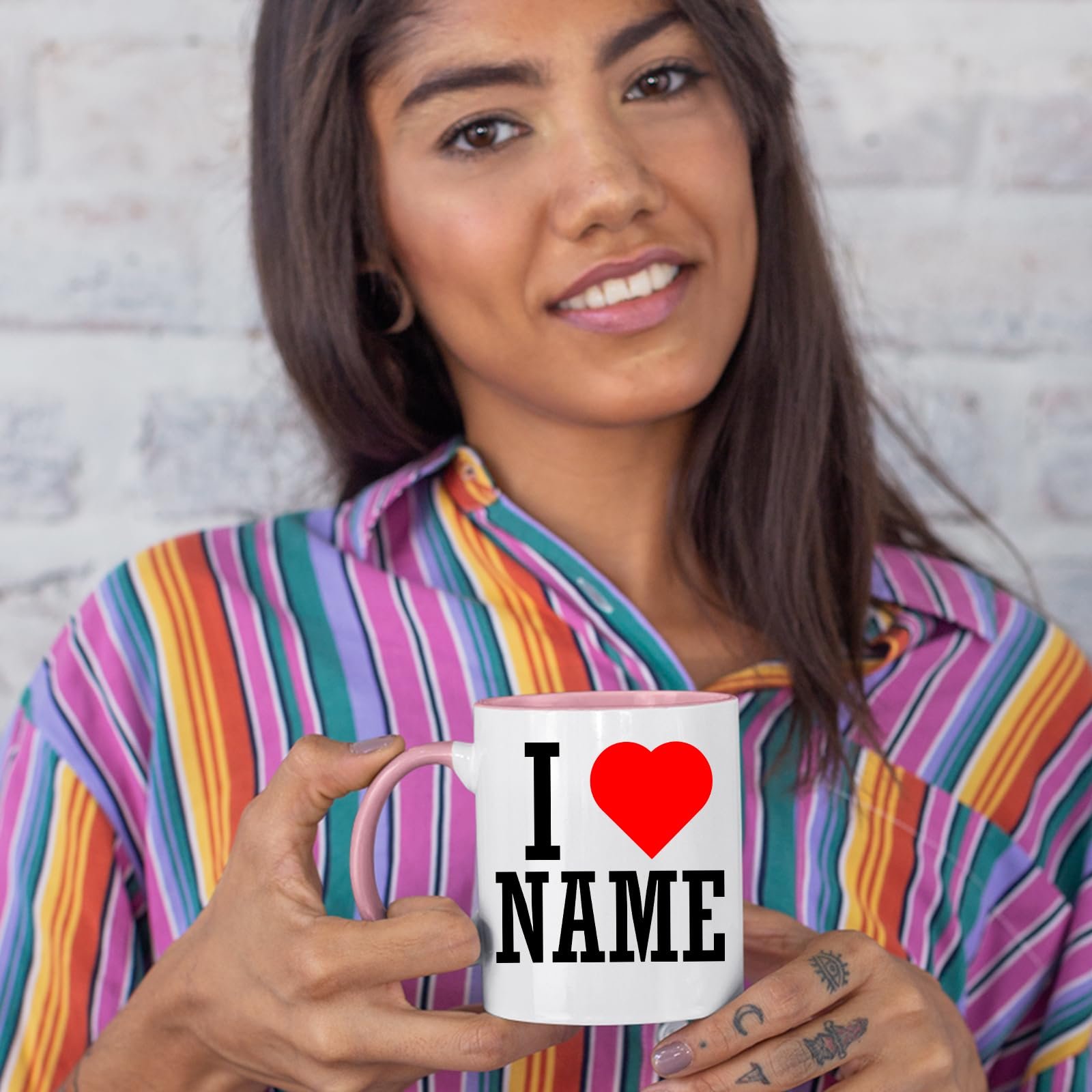 71xizmch6ml.jpg Woman in a striped shirt holding an I love name colour handle mug