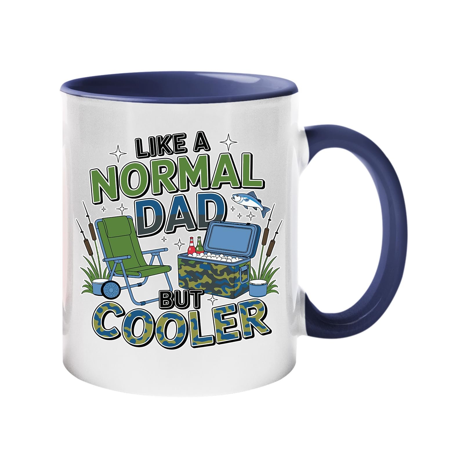 71xgtzvqsel.jpg Colour handle mug with camping chairs, a cool box and a fishing rod with “Like a normal dad, but cooler” – dark blue handle and inside