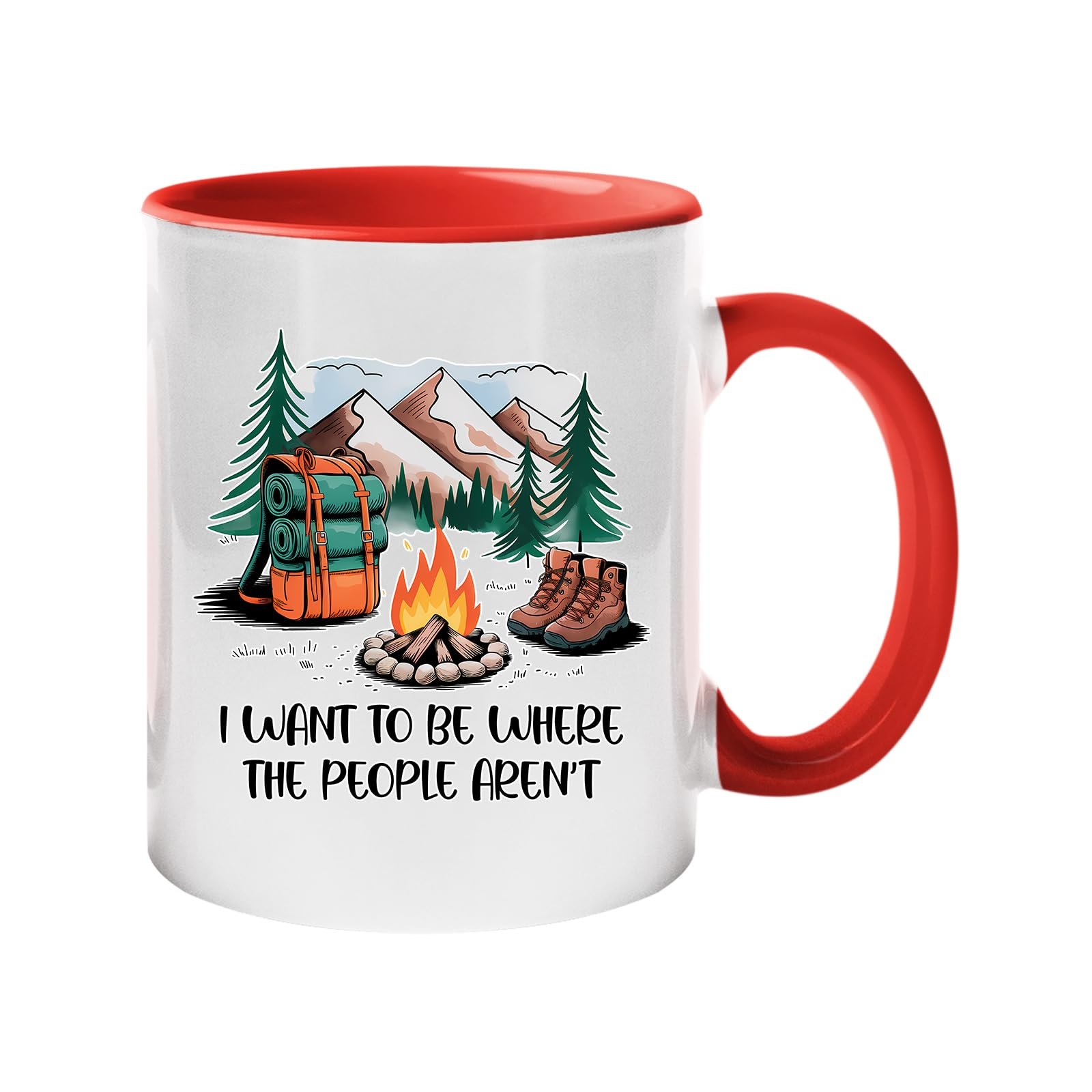 71xpkmkrfvl.jpg Colour handle mug with a campfire, backpack, boots and mountains with “I want to be where the people aren’t” – red handle and inside
