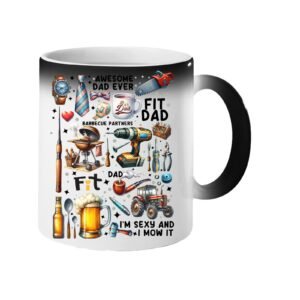 Colour changing mug revealing a collage of dad favourites – BBQ, tools, beer, a tractor and “Awesome Dad Ever”