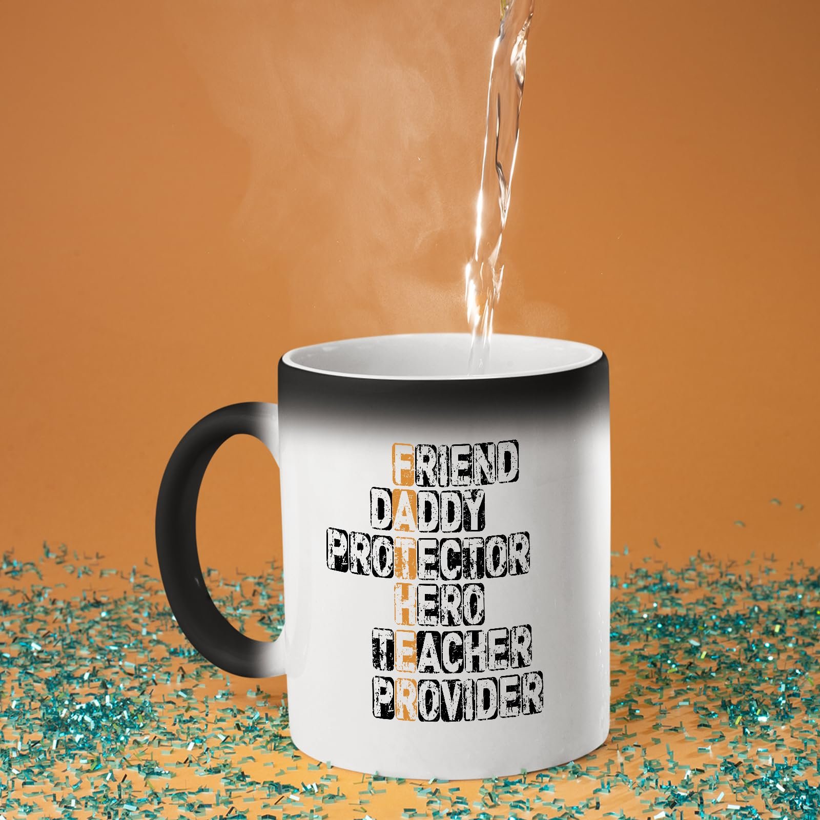 71yji 6ongl.jpg Hot water poured into the FATHER acrostic colour changing mug as the design appears