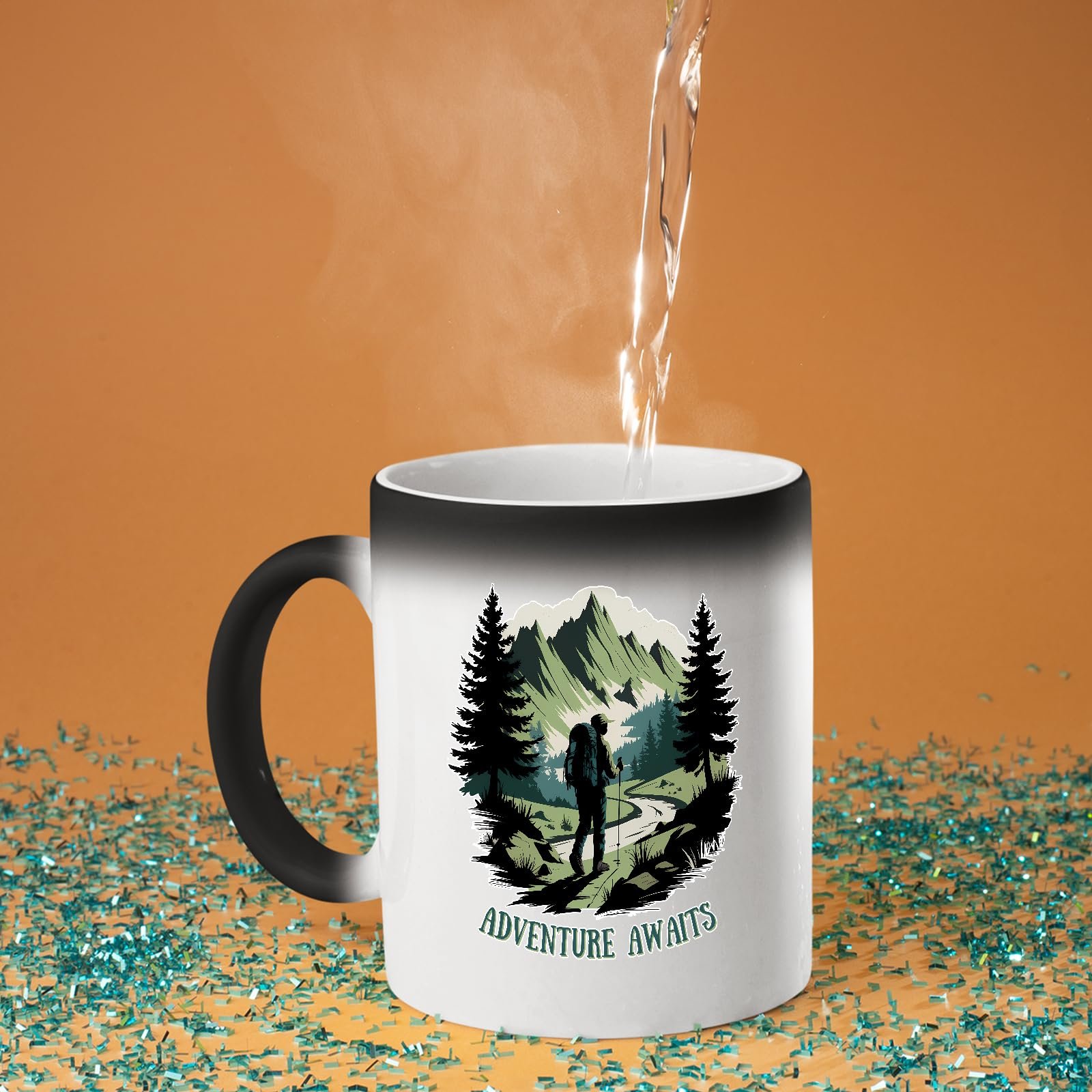 71ytytmabwl.jpg Hot water poured into the Adventure Awaits hiker colour changing mug as the design appears
