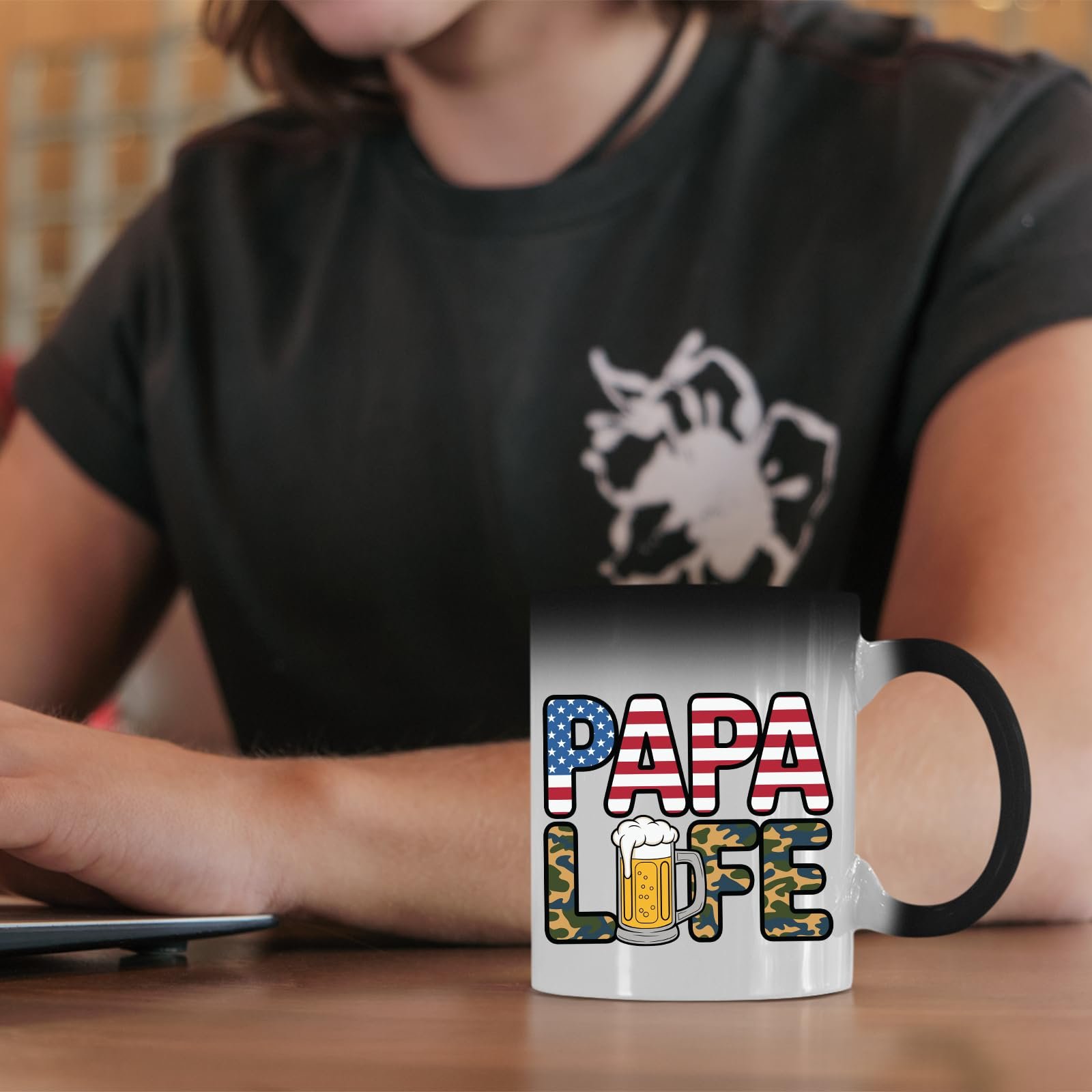 71zchqu7jsl.jpg Papa Life colour changing mug on a desk beside a laptop