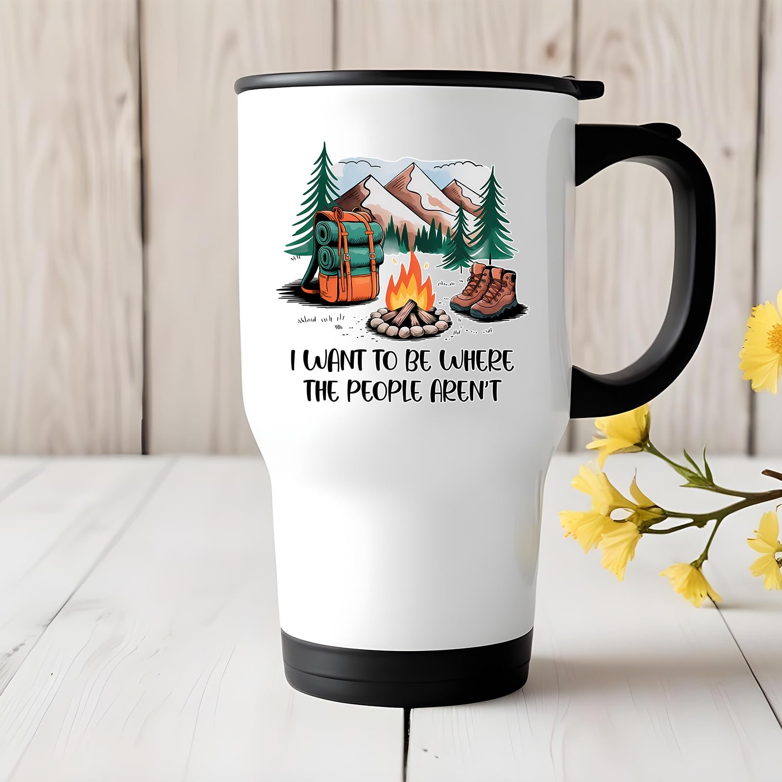 71ztjao fjl.jpg camping escape travel mug on a white wooden table with yellow flowers