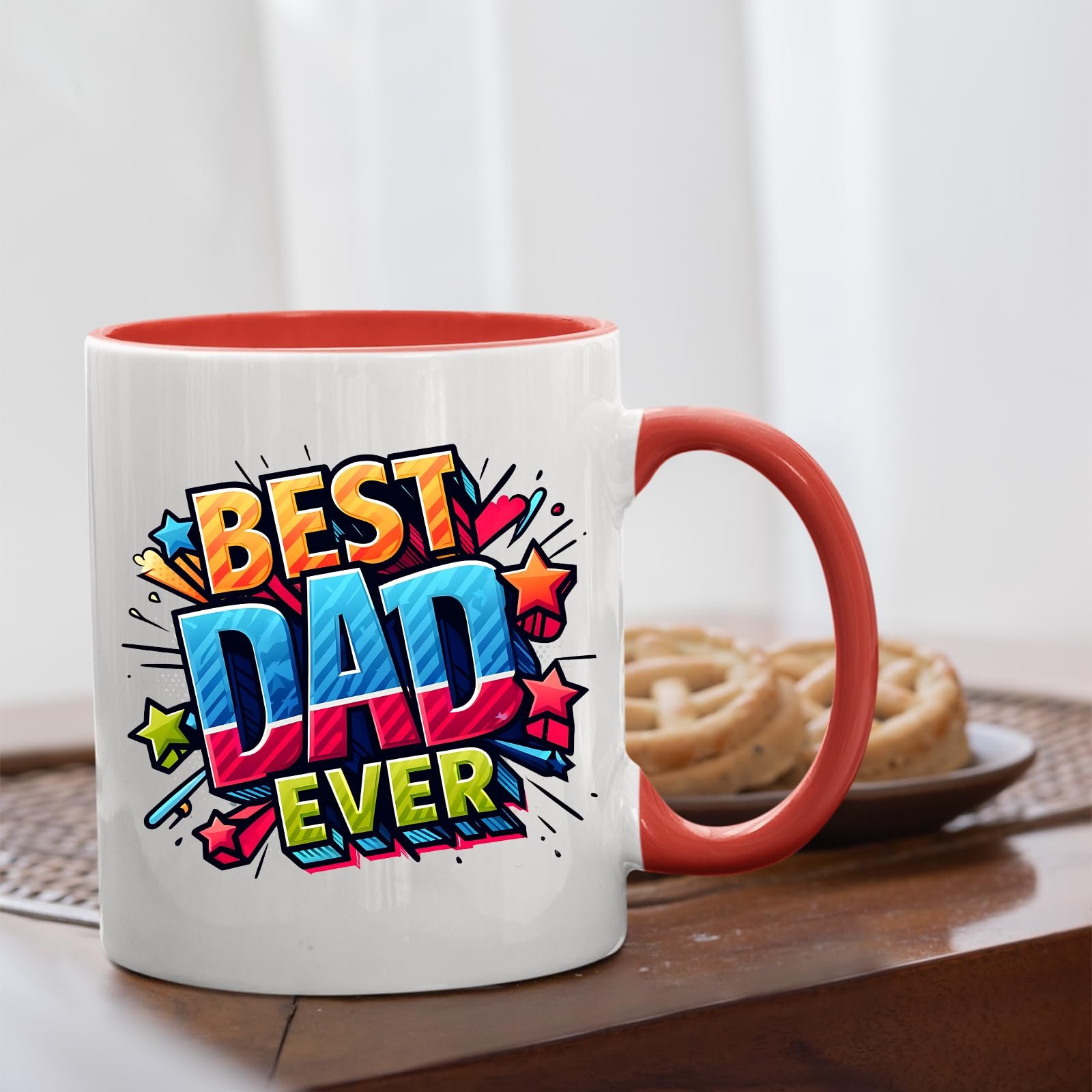 71zjpihbbbl.jpg Best Dad Ever comic mug with a red handle beside biscuits