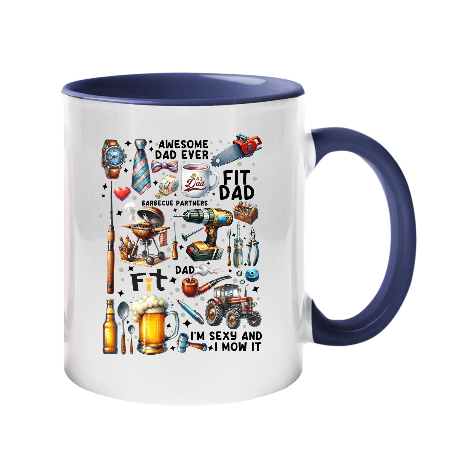 71zyqpdnqel.jpg Colour handle mug with a collage of dad favourites – BBQ, tools, beer, a tractor and “Awesome Dad Ever” – dark blue handle and inside