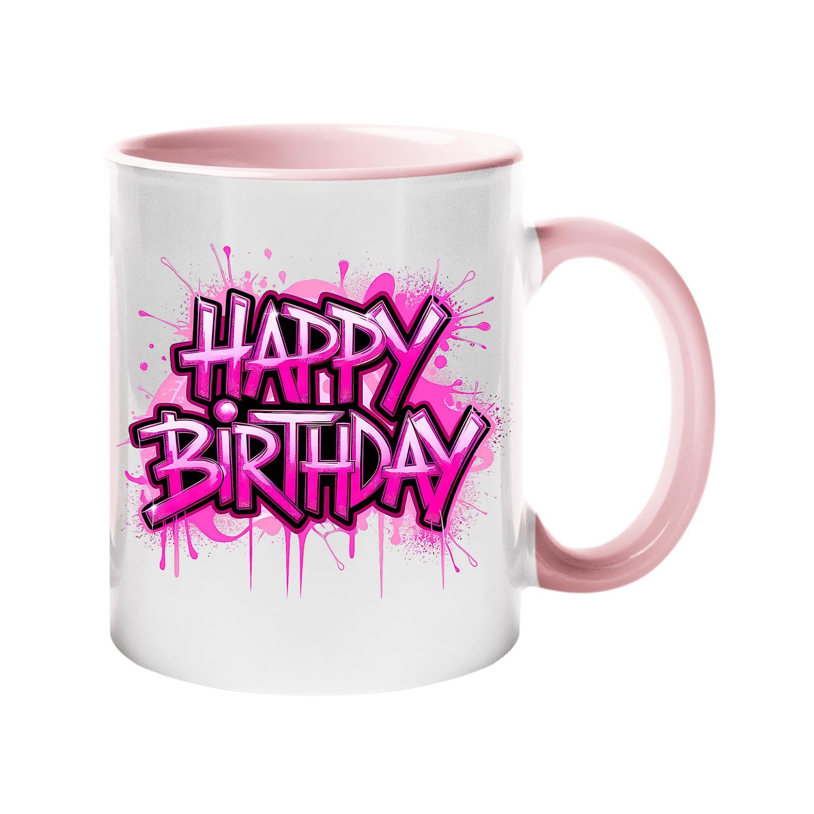 7821bf08 4d59303f 6009 4d4c b9d5 5619d92af6de.jpg Colour handle mug with pink spray-paint “Happy Birthday” lettering – light pink handle and inside