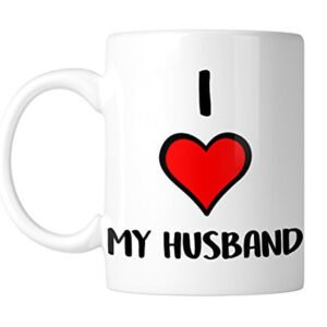 White mug with โI โค My Husbandโ with a big red heart, handle on the left