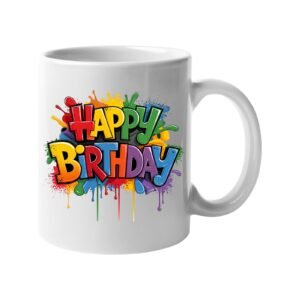 White 11oz mug with bold multicolour block “Happy Birthday” letters