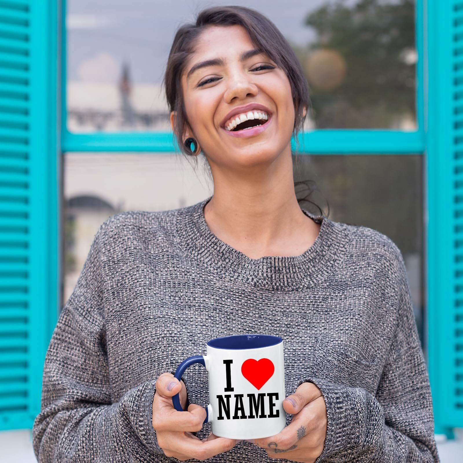 81ccr5kb7fl.jpg Smiling woman holding a personalised I love name mug