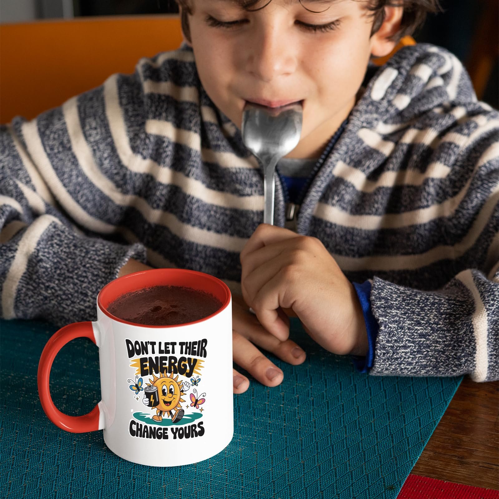 81ozzy5mkgl.jpg Child with a spoon next to the Positive Vibes sun mug with a red handle