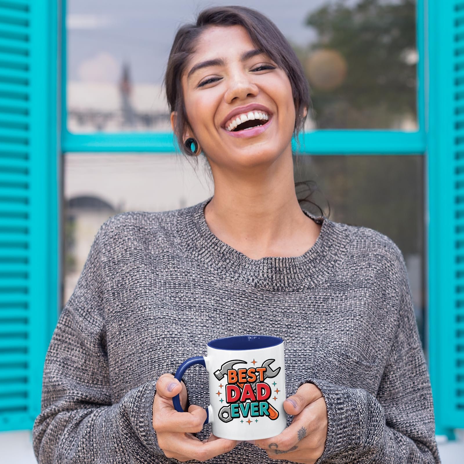 81pysjfvcel.jpg Laughing woman holding the Best Dad Ever tools mug with a dark blue handle