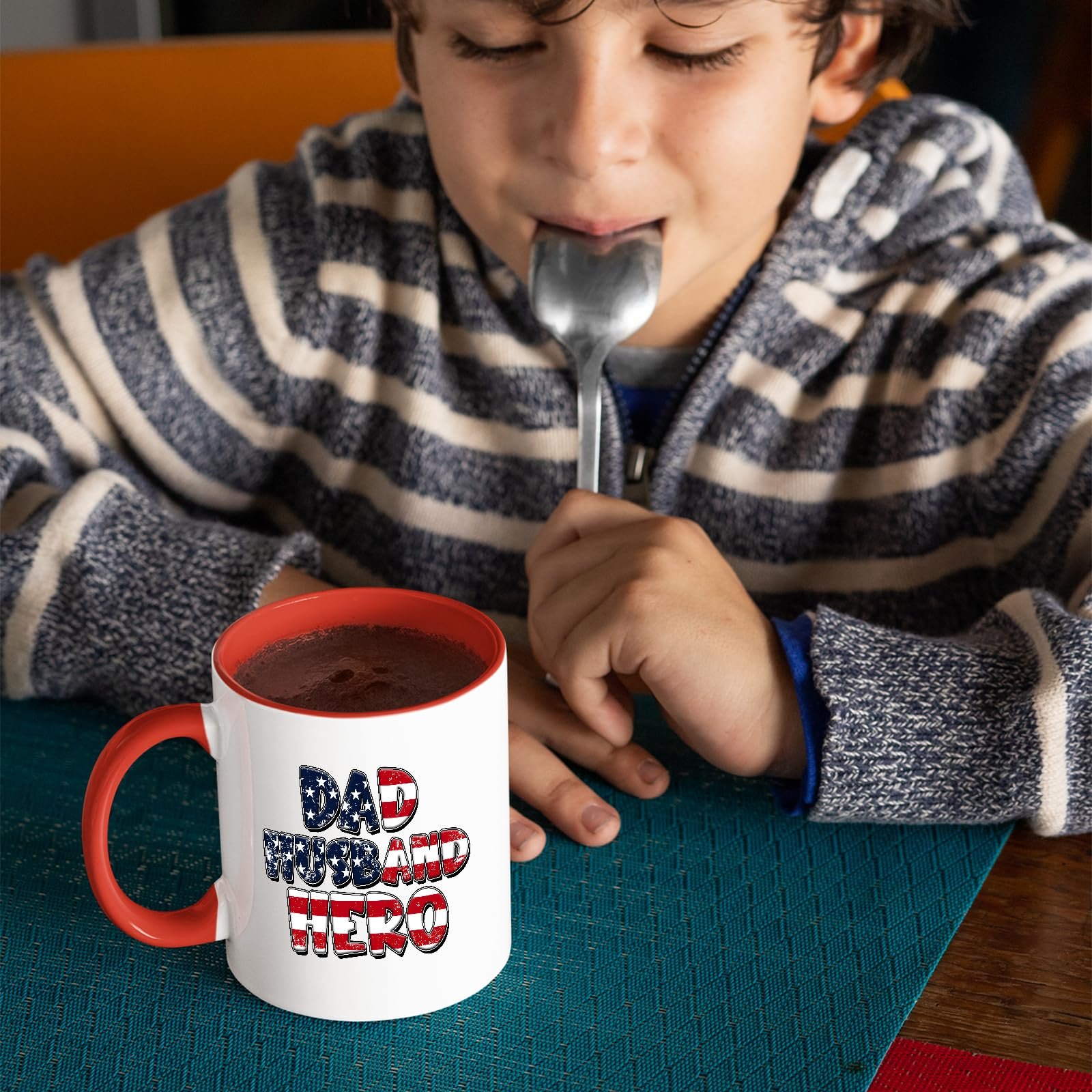 81qvggjbs l.jpg Child with a spoon next to the Dad Husband Hero mug with a red handle