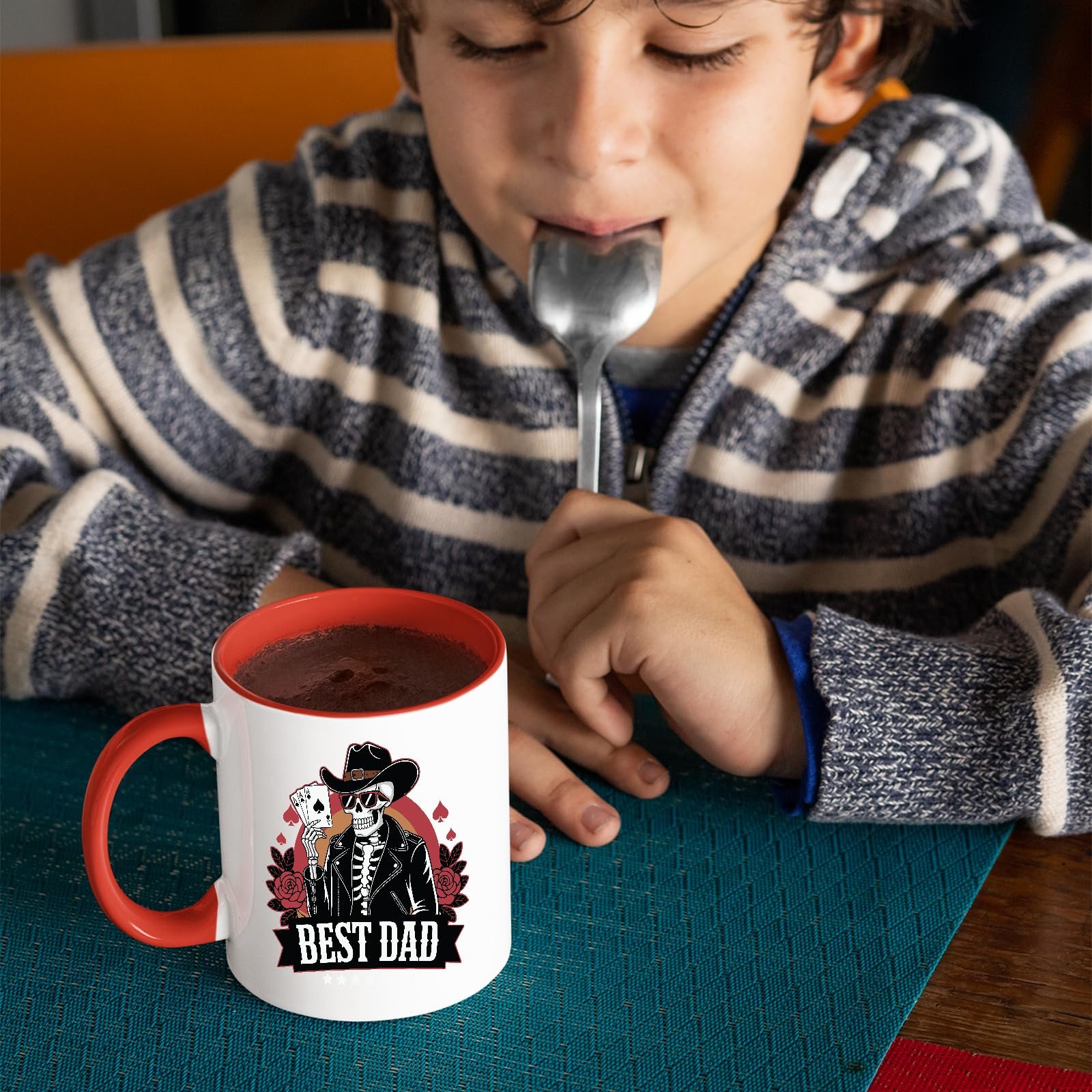 81ty e5rl l.jpg Child with a spoon next to the Best Dad skeleton cowboy mug with a red handle