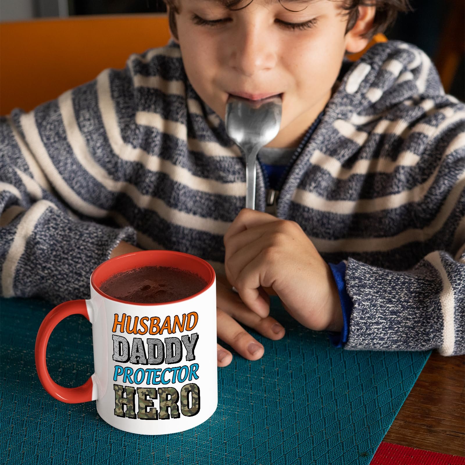 81ux k4m14l.jpg Child with a spoon next to the Husband Daddy Protector Hero camo mug with a red handle