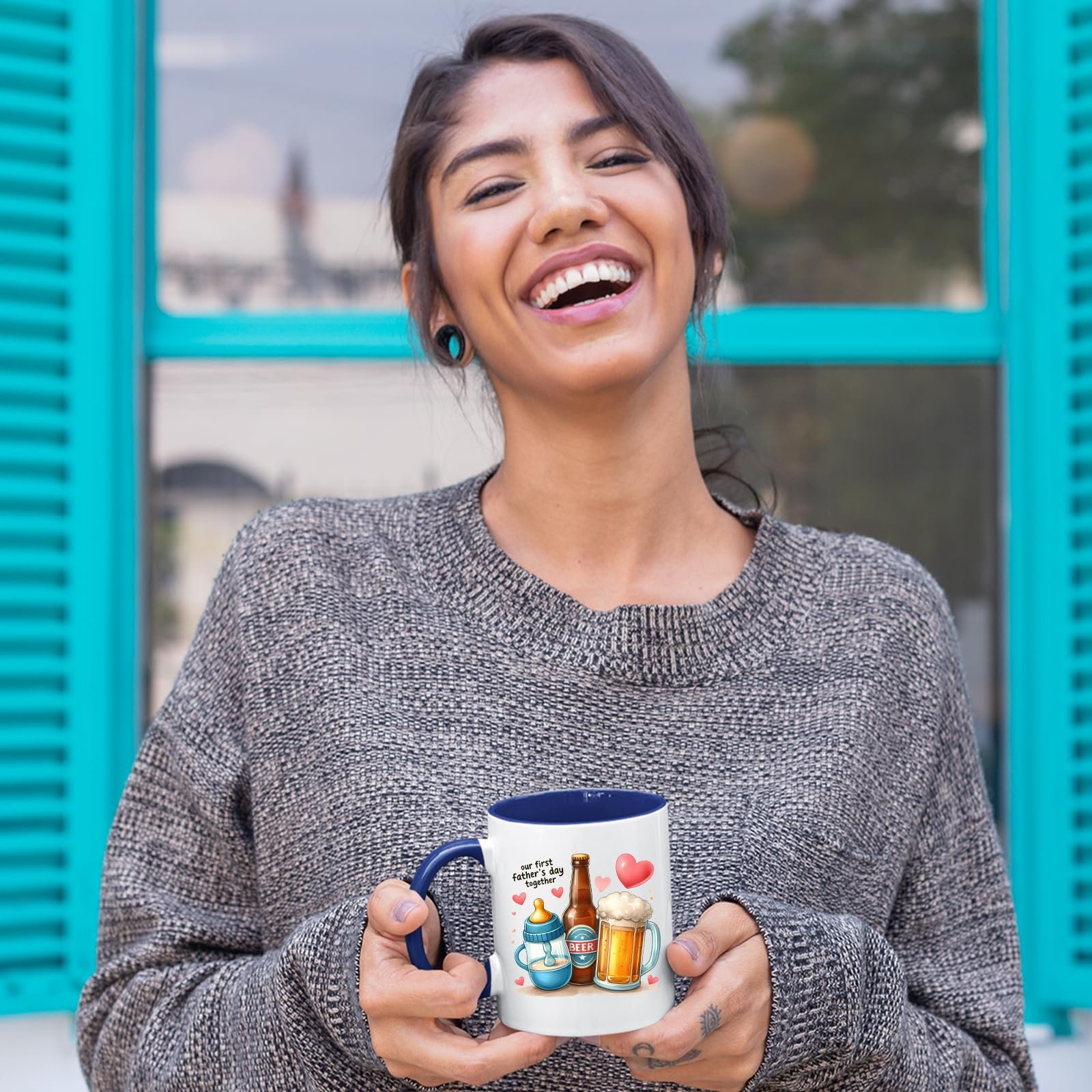 81t45ildfol.jpg Laughing woman holding the First Father’s Day hearts mug with a dark blue handle