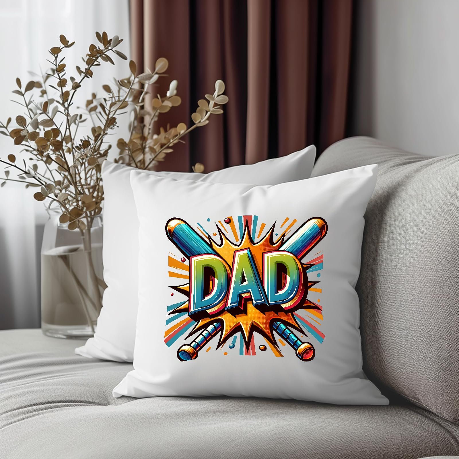 81uwtnukowl.jpg DAD baseball bats cushion on a grey sofa beside dried flowers