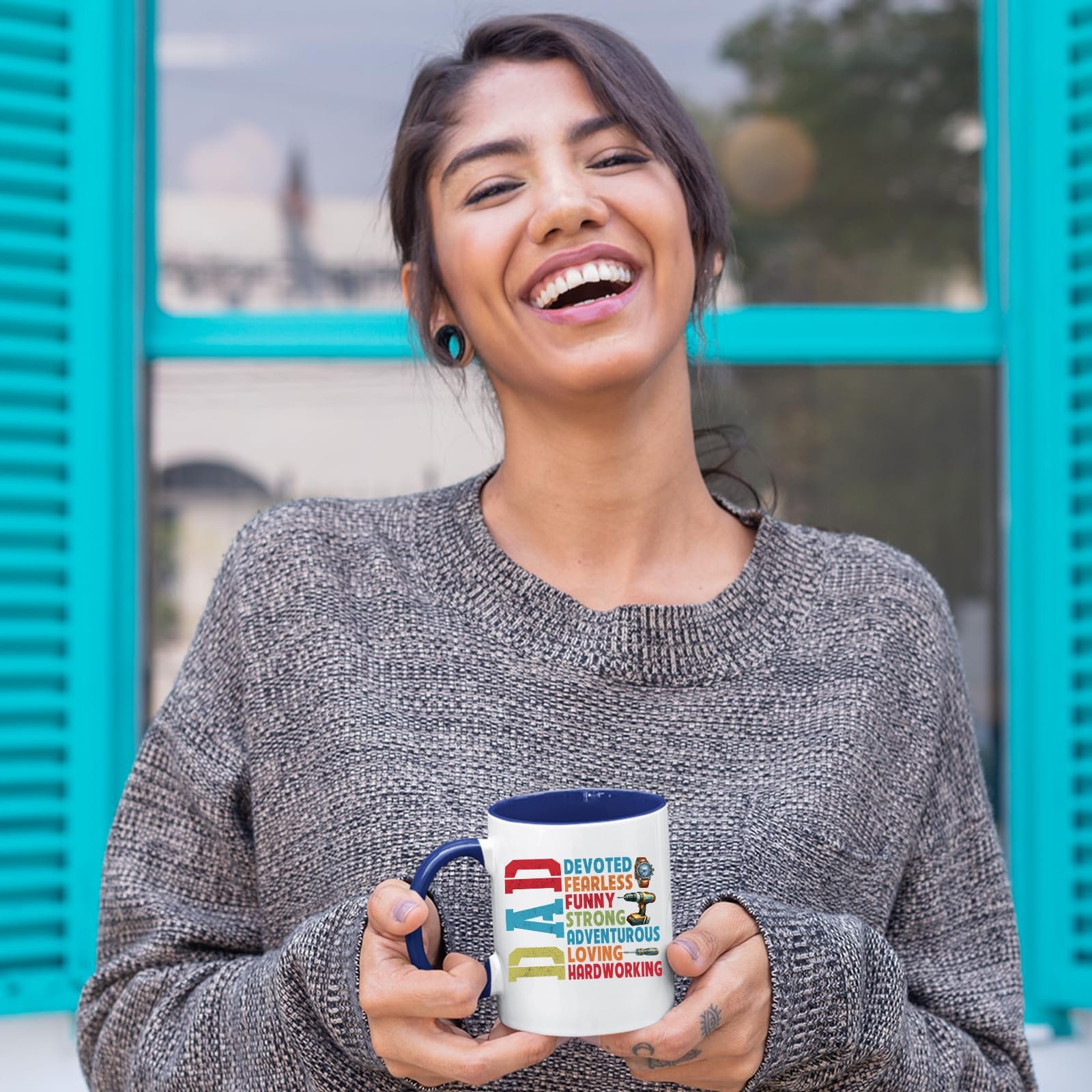 81yh3 b5j7l.jpg Laughing woman holding the DAD Devoted mug with a dark blue handle
