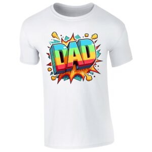White men's T-shirt with colourful pop-art “DAD” lettering with a starburst