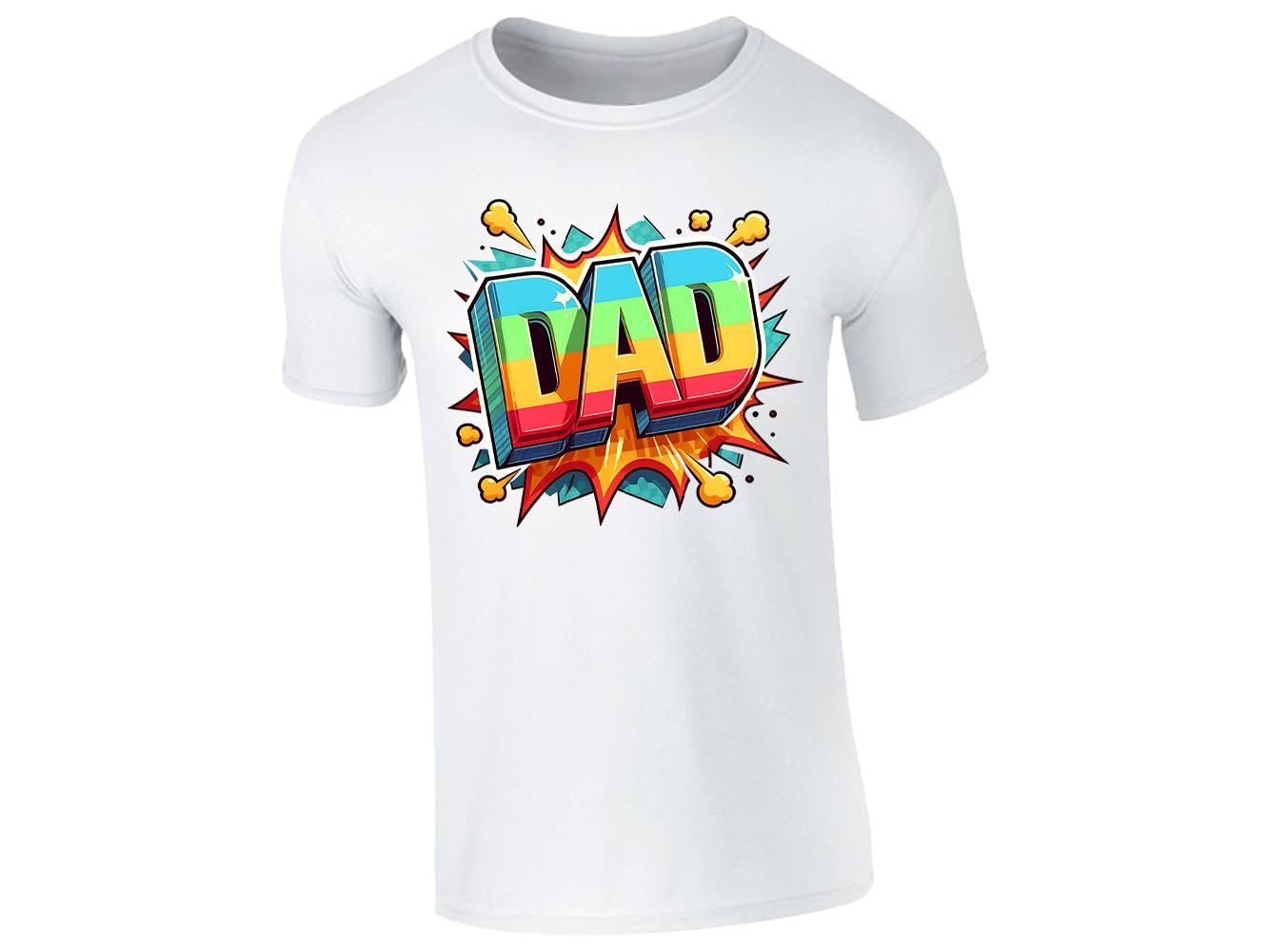 83b1a81f 534fd420 4a56 46e3 914c 60a047f93b78.jpg White men's T-shirt with colourful pop-art “DAD” lettering with a starburst