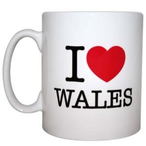 White mug printed I love Wales with a red heart