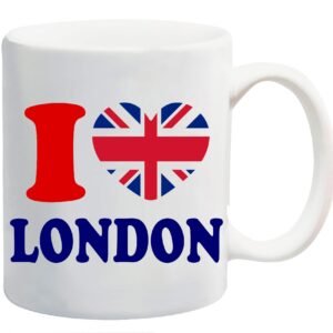 White mug with a red “I”, a Union Jack heart and “London” in navy