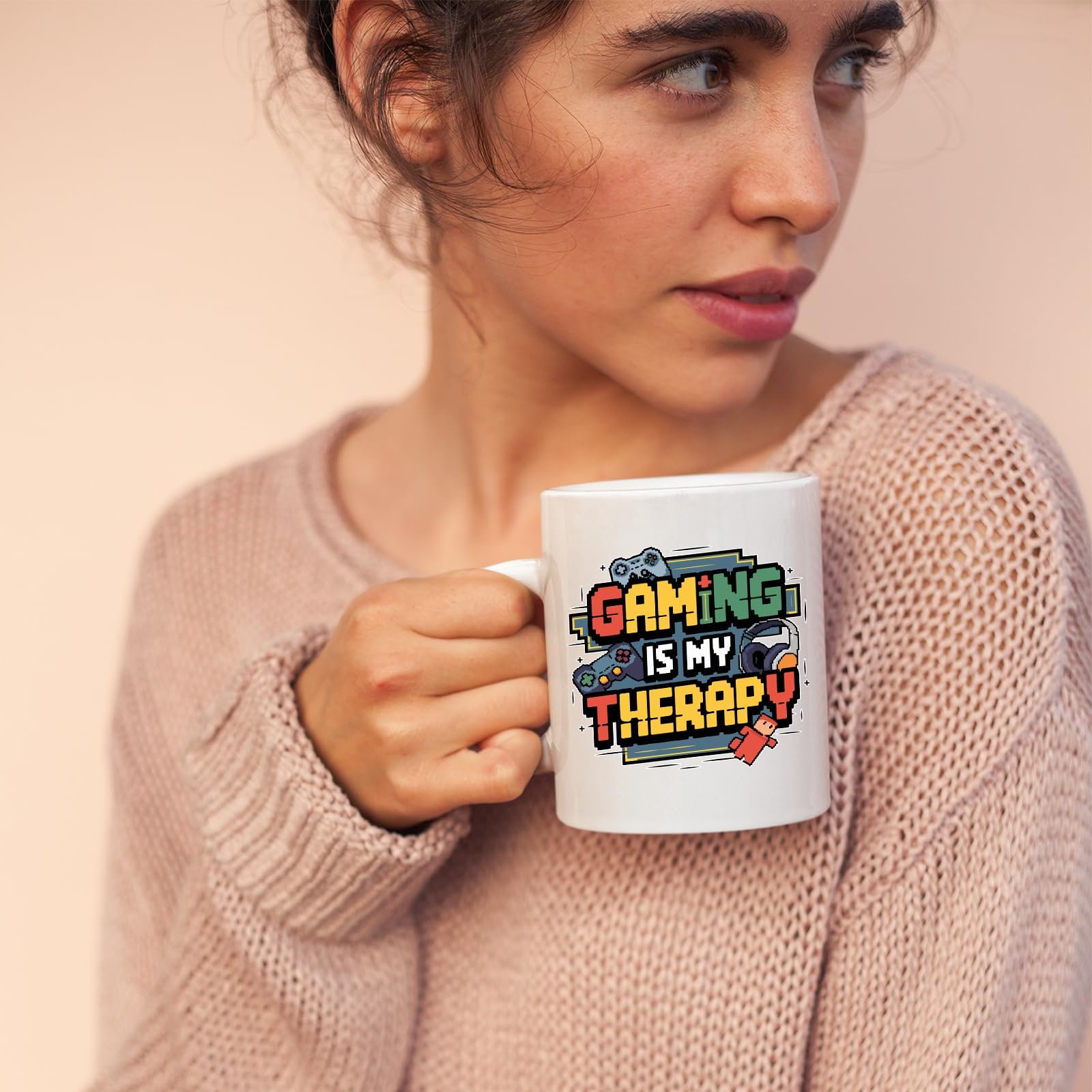 8820e570.jpg Woman sipping from the Gaming Is My Therapy mug