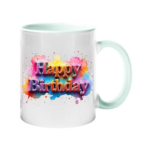 88478ecb.jpg Colour handle mug with pastel graffiti “Happy Birthday” lettering – mint green handle and inside