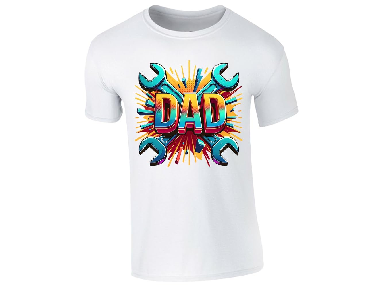 8a9bb62f fde7984d 86ec 4e78 9988 511a4b50a721.jpg White men's T-shirt with bold “DAD” lettering with crossed spanners and a colourful burst