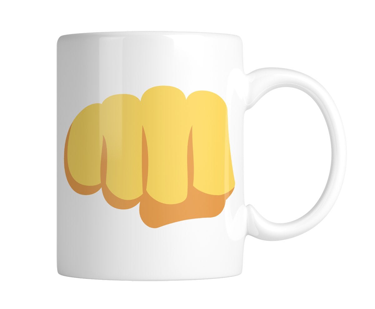 8ccb597e.jpg White mug with a big fist-bump emoji in bright yellow, handle on the right