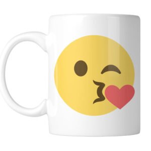 White mug with a big blowing-a-kiss emoji with a red heart, handle on the left