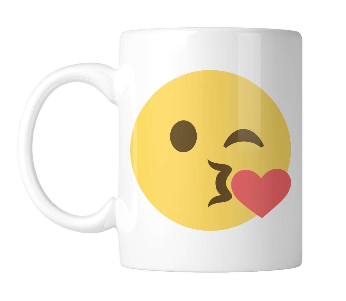 8ef31c24.jpg White mug with a big blowing-a-kiss emoji with a red heart, handle on the left