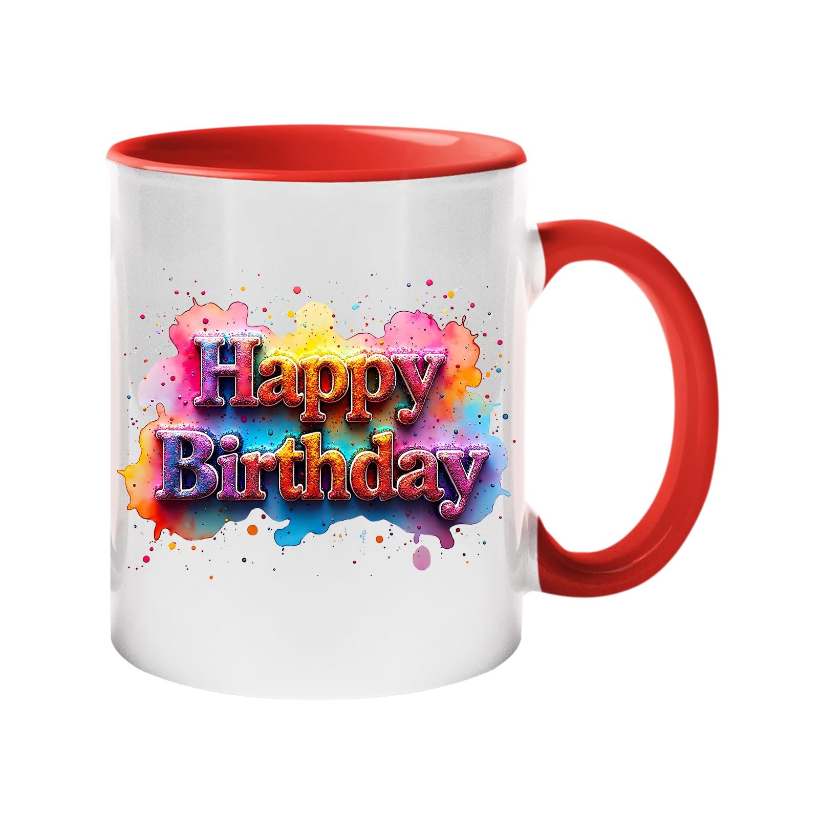 9128abcc.jpg Colour handle mug with pastel graffiti “Happy Birthday” lettering – red handle and inside