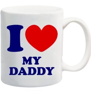 White mug printed “I ❤ MY DADDY” in navy with a red heart