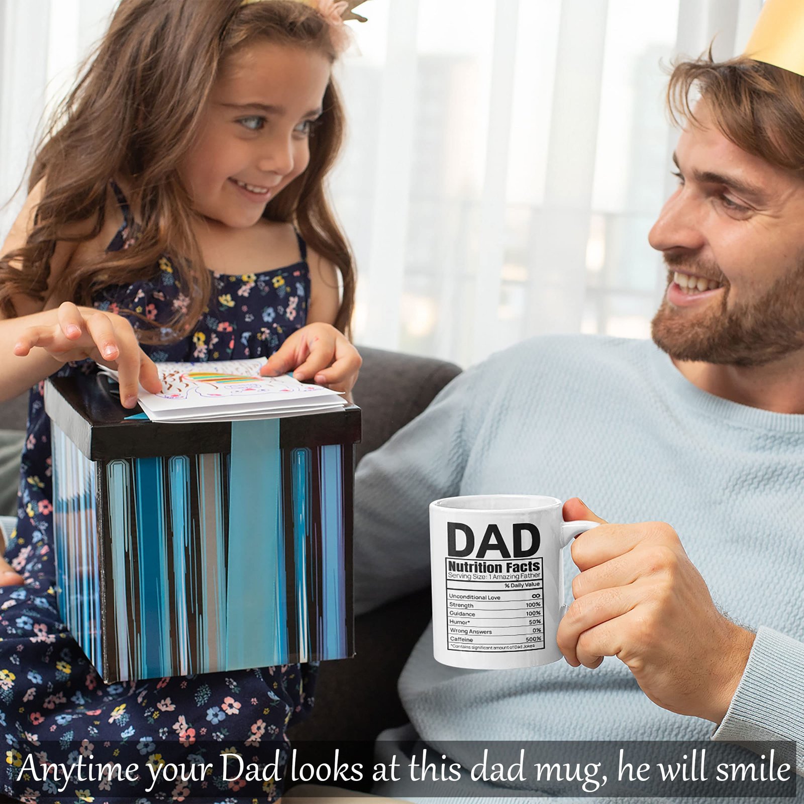 949ed2bd.jpg Child giving dad the Dad Nutrition Facts mug as a gift