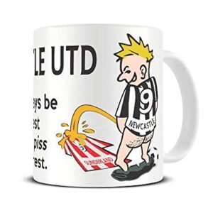 Wee On The Rival's Shirt mug – cartoon fan in a black and white striped No. 9 shirt weeing on a red and white striped rival shirt