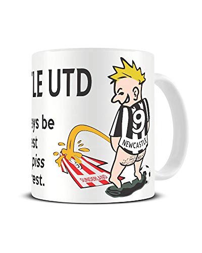 funny newcastle vs sunderland football rivalry mug fan joke gift tea coffee cup 1.jpg Wee On The Rival's Shirt mug – cartoon fan in a black and white striped No. 9 shirt weeing on a red and white striped rival shirt