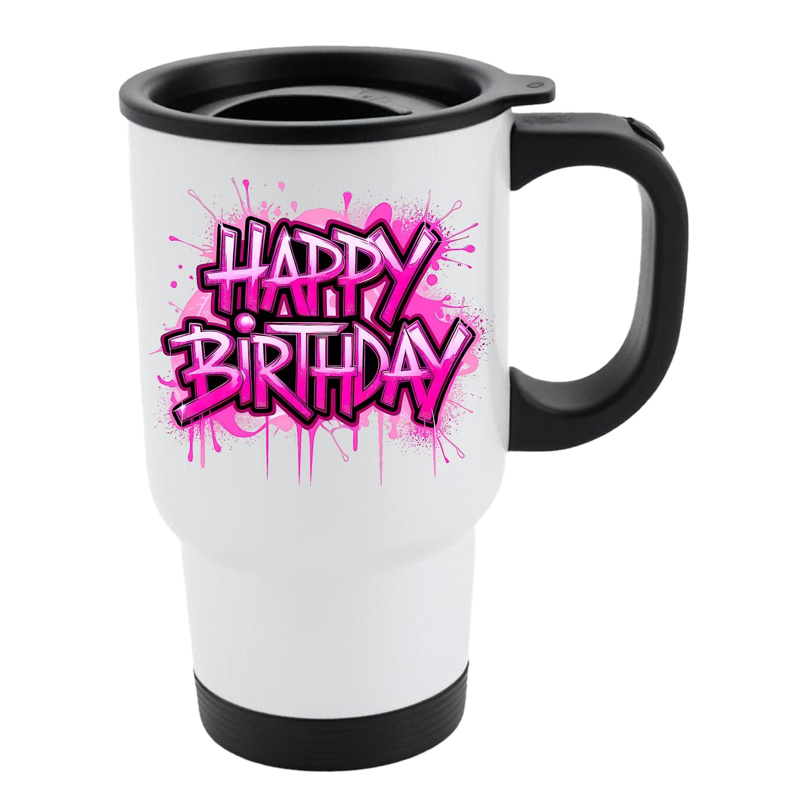 mug travel 01fbb588 00b8 48fd 9286 4ea63f958d29.jpg White travel mug with black lid and pink graffiti “Happy Birthday” lettering