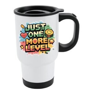 White travel mug with black lid and a retro “Just One More Level” design with a heart and star