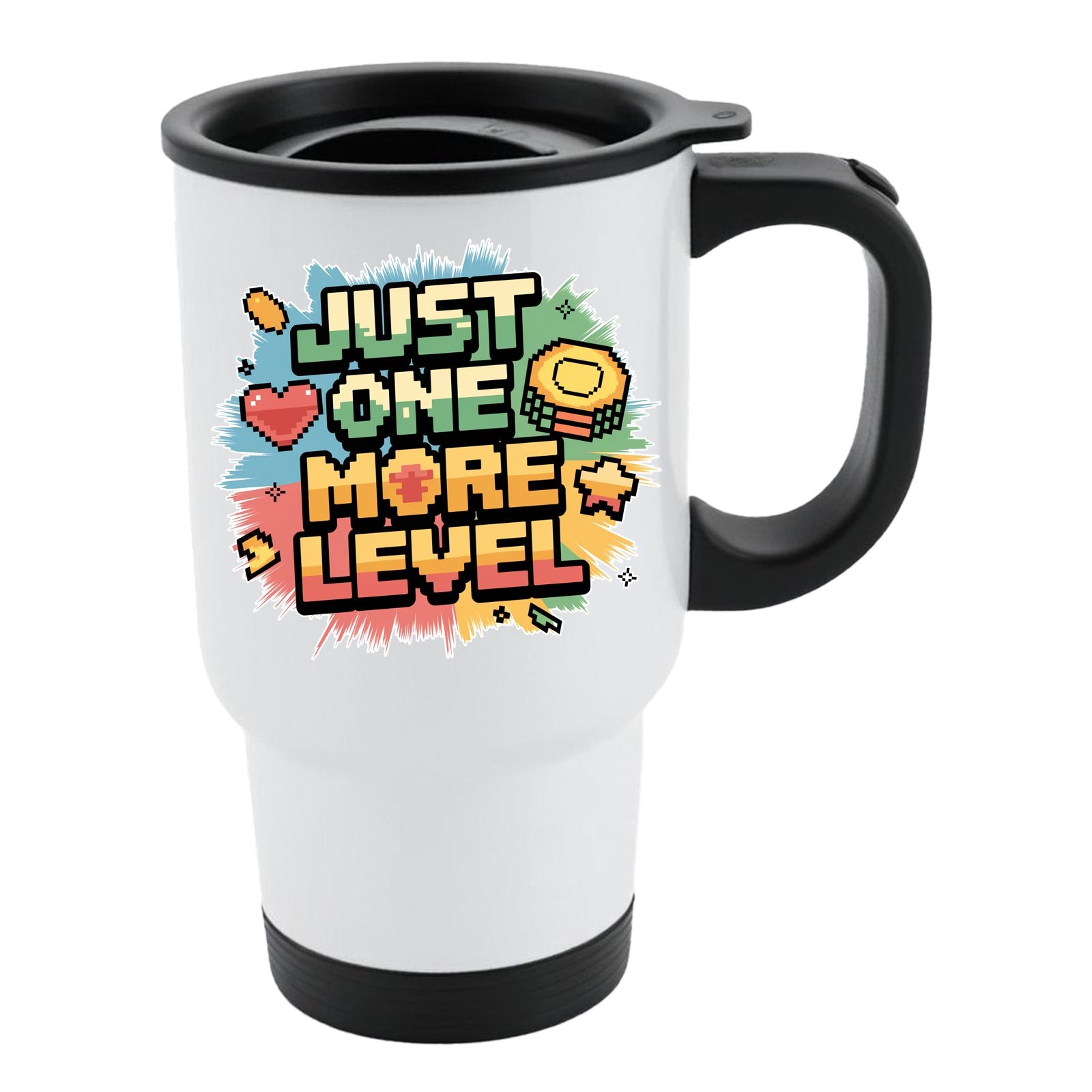 mug travel 0224f9df 63ec 453f becb 6e63d42a7052.jpg White travel mug with black lid and a retro “Just One More Level” design with a heart and star