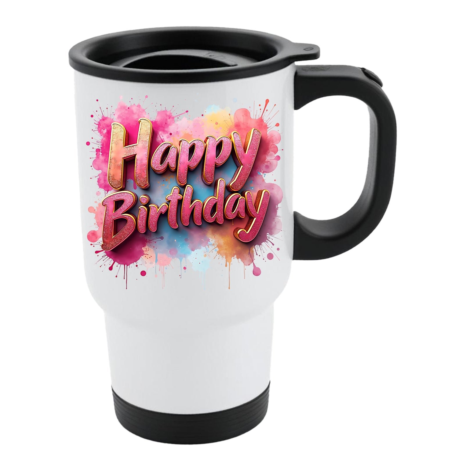 mug travel 4598e296 c5de 43fc 908f 15618f528b2b.jpg White travel mug with black lid and pink and purple watercolour “Happy Birthday” lettering