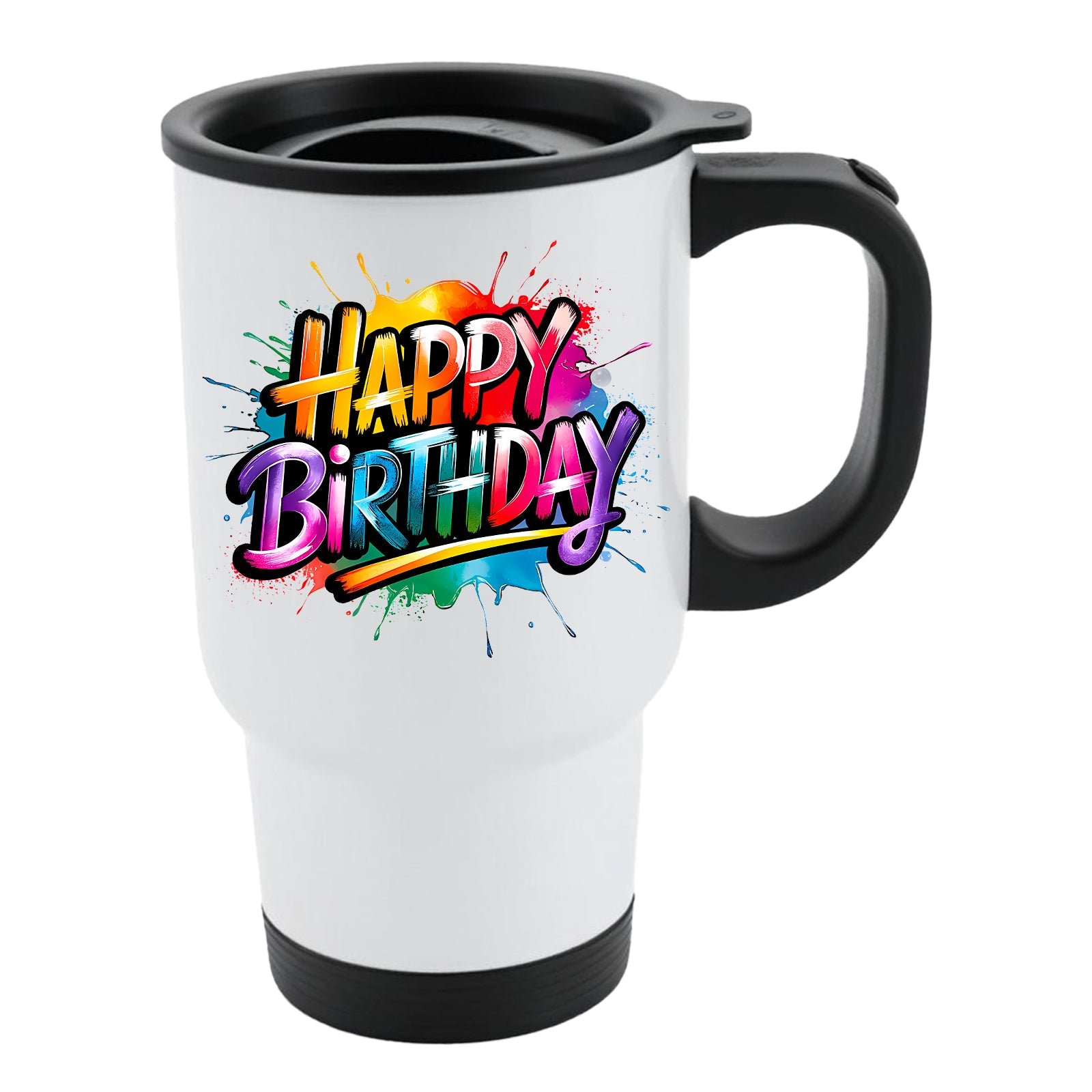 mug travel bdf843ba aa6e 4457 ba17 53d6dc8cdbe9.jpg White travel mug with black lid and bold graffiti-style “Happy Birthday” lettering in bright colours