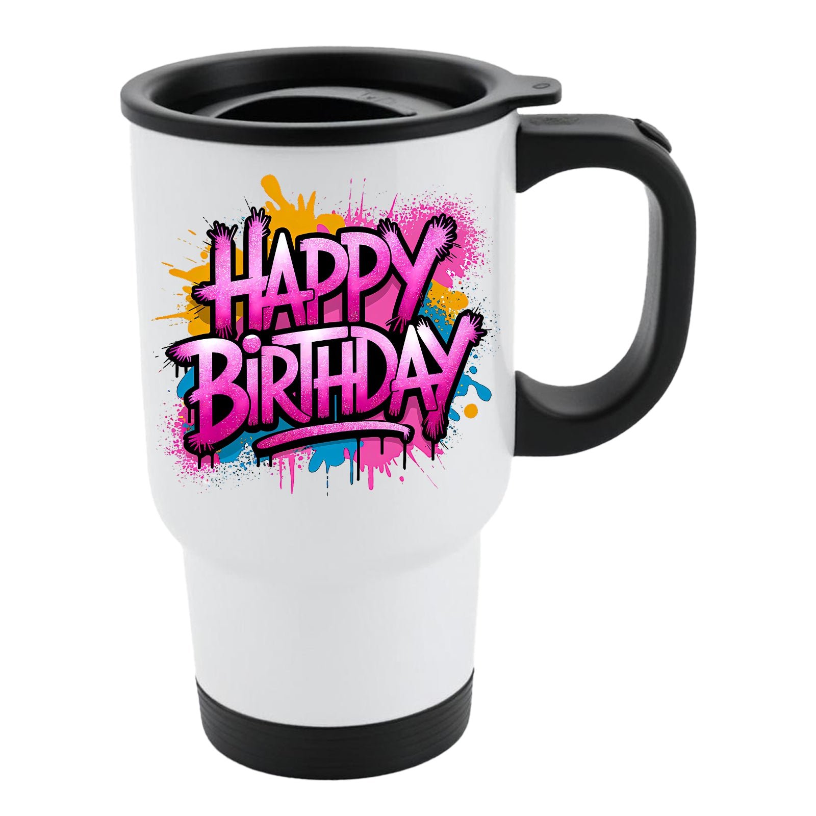 mug travel d5327e07 51ee 435b 99dc 593b33333f8f.jpg White travel mug with black lid and pink and purple graffiti “Happy Birthday” lettering