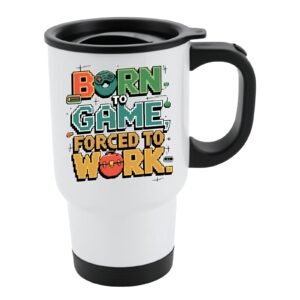 White travel mug with black lid printed Born to Game Forced to Work in green and orange retro letters