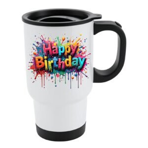 White travel mug with black lid and a colourful Happy Birthday paint-splash design