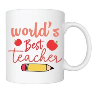 White mug with “World's Best Teacher” with apples and a pencil