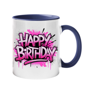 Colour handle mug with hot pink graffiti “Happy Birthday” lettering