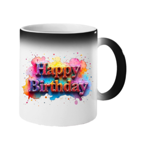 Colour changing mug revealing pastel rainbow โHappy Birthdayโ lettering