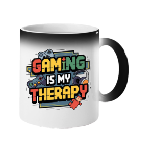 Colour changing mug revealing colourful “Gaming Is My Therapy” lettering