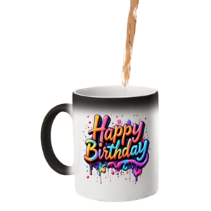 Hot drink poured into the colour changing mug as rainbow splash-script “Happy Birthday” lettering appears
